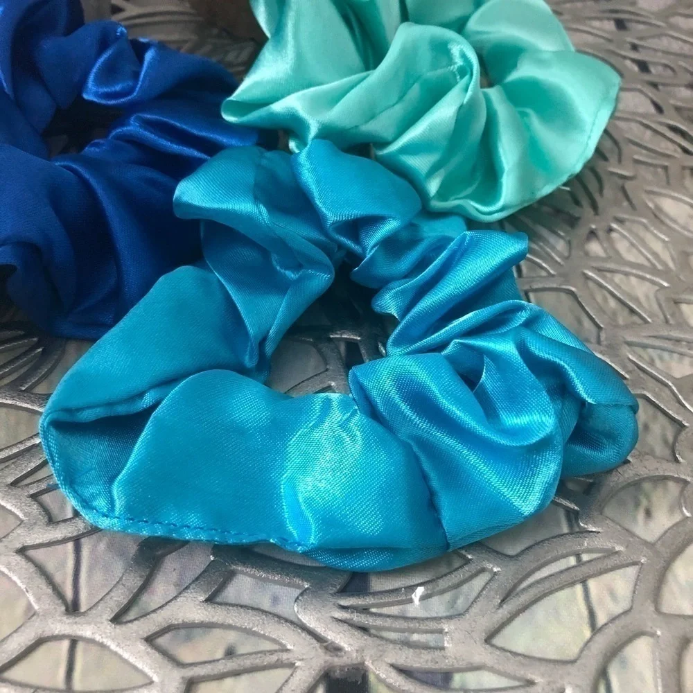 3 New Silk Scrunchies Blue, Teal Mint Color